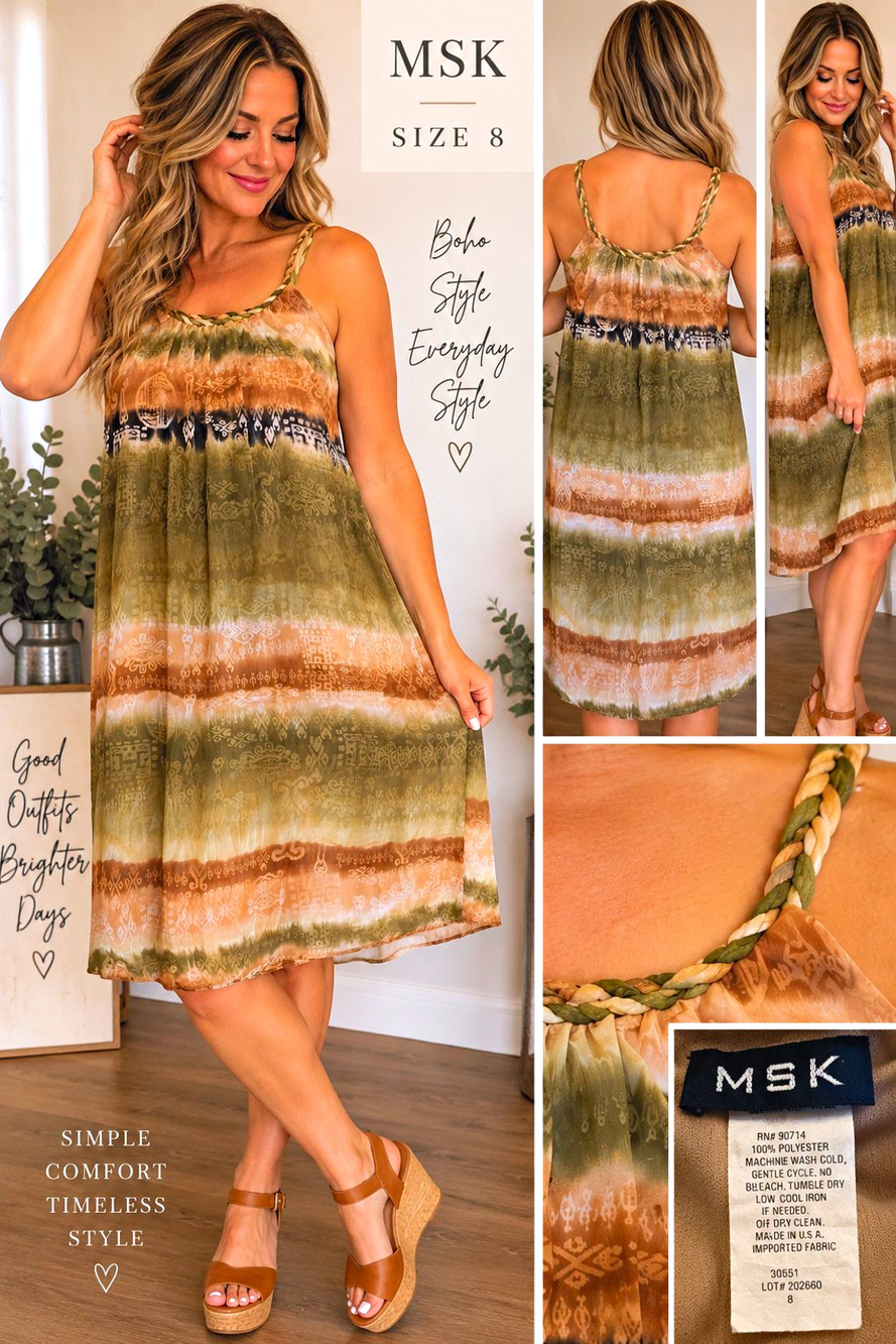 MSK Womens Size 8 Boho Tie Dye Midi Dress Braided Straps Olive Brown Y2K